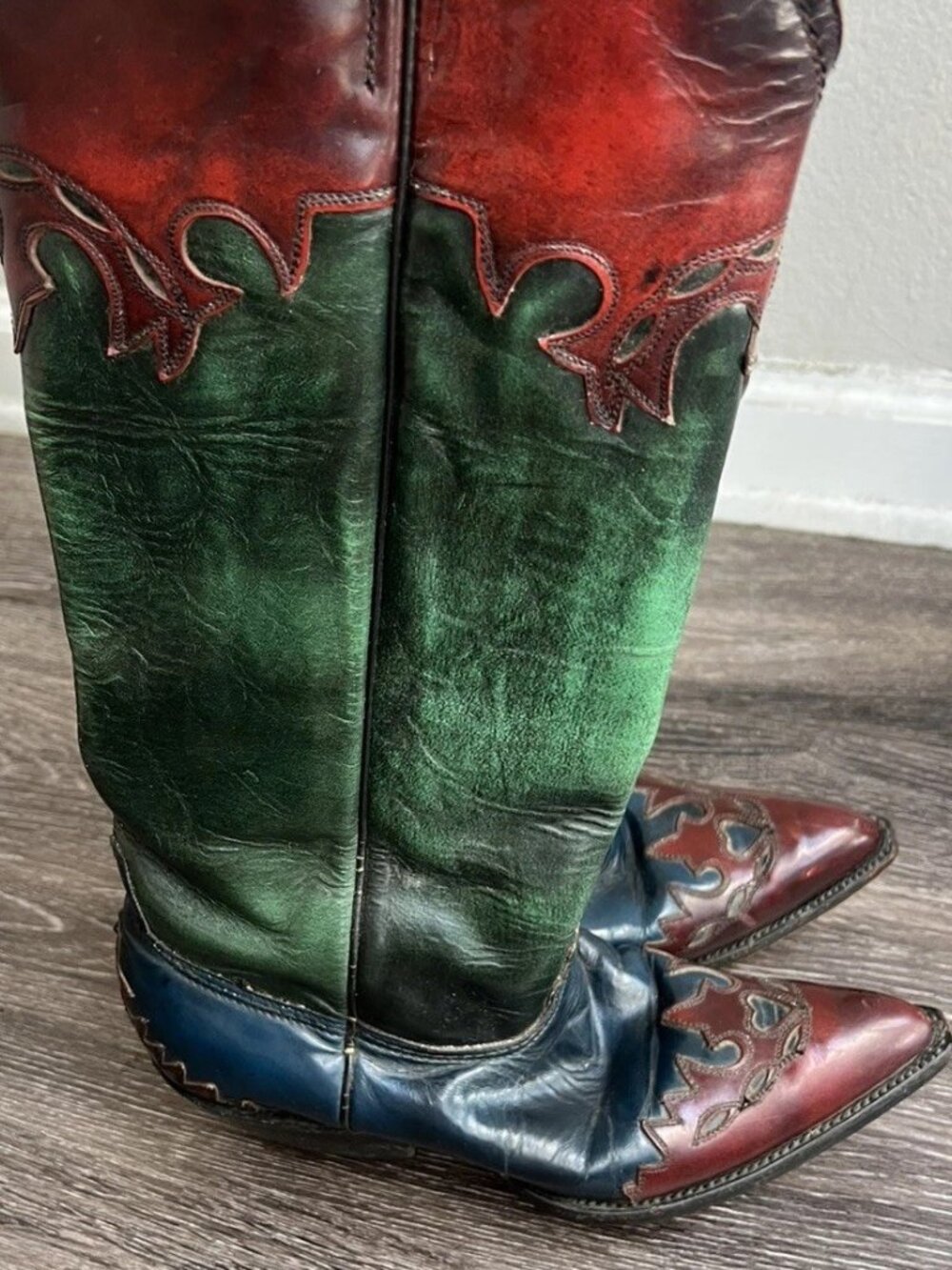 Vintage 80’s Teal Blue Cherry Red Leather Cowboy Boots West Texas Women’s Sz 9